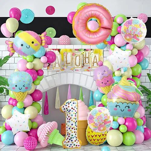 Vista 5 de 10 globos de helado, globos de papel de aluminio Mylar con número de dona de caramelo, temática de helado, suministros de fiesta de primer cumpleaños