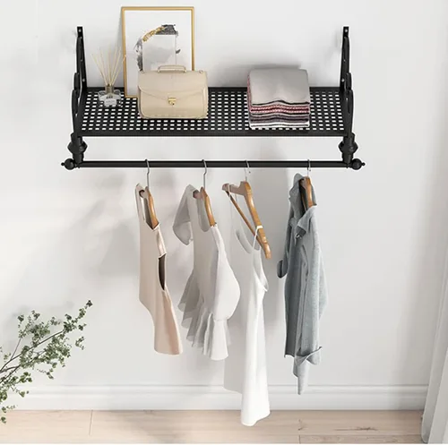 Vista 2 de SKVLF Perchero moderno montado en la pared con estante superior, perchero para ahorrar espacio, negro, 60x27CM, hierro