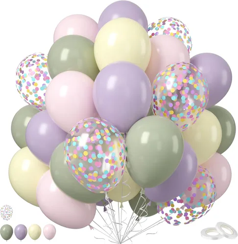 Vista 23 de Globos de látex rosa intenso, azul, morado, 50 globos de látex de 12 pulgadas con confeti metálicos para niños, temática mágica, cumpleaños, baby