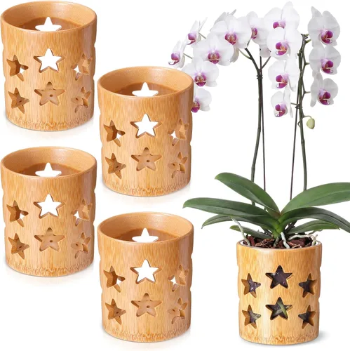 Vista 10 de Paquete de 2 macetas de bambú, maceta redonda transpirable de 4 pulgadas con diseño hueco para un flujo de aire óptimo, orquídea marrón claro