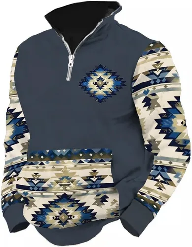 Vista 6 de LOAIHA Native American - Sudadera con capucha para hombre, manga larga, cremallera de 1/4, chaqueta vaquera