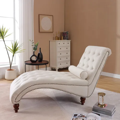 Vista 5 de Moderna tumbona de terciopelo para interiores con ribete de cabeza de clavo, sillón sin brazos con botones para interior con almohada lumbar y 4