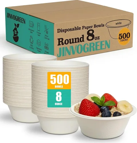Vista 10 de JINVOGREEN 1000 cuencos de papel de 8 onzas, cuencos desechables compostables a granel, cuenco de bagazo biodegradable resistente para aperitivos