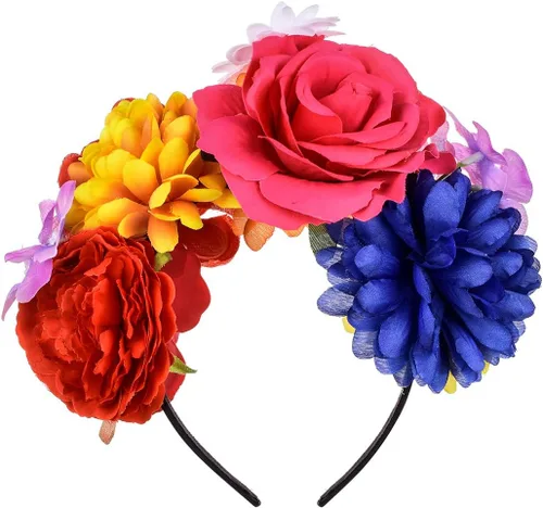Vista 31 de DreamLily Frida Kahlo NC26 - Diadema con corona de rosas mexicanas para disfraz de fiesta de Halloween