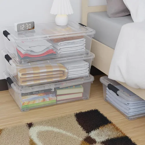 Vista 6 de Paquete de 4 contenedores organizadores de plástico de 25 litros debajo de la cama, con tapas de pestillo y ruedas, caja de almacenamiento de ropa