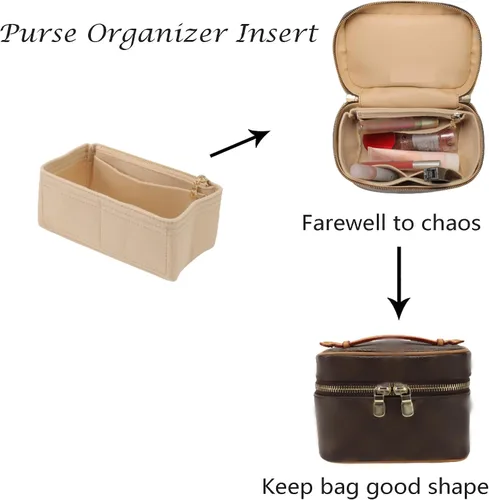 Vista 5 de Doxo Organizador de bolso para bolsos y bolsos, organizador de bolsa de fieltro con cremalleras, se ajusta a LV Nice Mini y más. (fieltro beige)