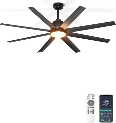 Vista 11 de Ventilador de techo de 65 pulgadas con luces, ventilador de techo negro con control remoto y aplicación, 3CCT, regulable, motor CC reversible