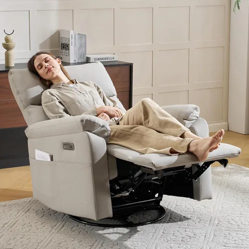 Vista 9 de Silla reclinable eléctrica con soporte lumbar ajustable, sillón reclinable giratorio con reposabrazos sobrerelleno, sillón reclinable para Gris