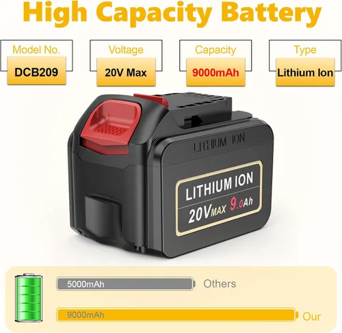 Vista 8 de PENGJBATTER Batería de litio de alta capacidad de 20 V 9000 mAh compatible con DeWalt 20 V Max batería DCB206 DCB205 DCB207, compatible con cargador