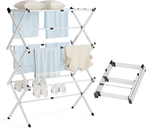Vista 8 de Estante de secado de ropa plegable, estante de secado de ropa de 3 niveles para ropa, secadora de ropa de metal expandible