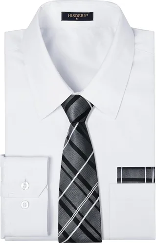 Vista 89 de HISDERN Mens Dress Shirt with Tie Pocket Square Set Classic Button Down Shirt Matching Tie Long Sleeve Shirts 08-verde