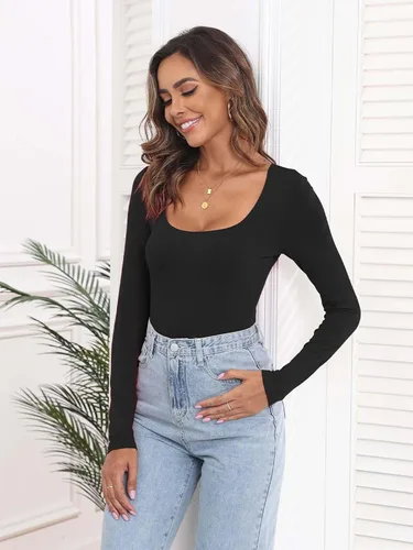 Vista 3 de Body sexy para mujer, cuello cuadrado, suave, elástico, manga larga, leotardo casual