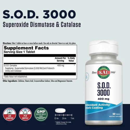 Vista 2 de KAL S.O.D. 3000 Suplemento antioxidante de 400 mg, superóxido dismutasa (SOD), fuente de hígado de res, soporte súper antioxidante, revestimiento