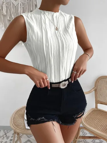 Vista 7 de Verdusa Camiseta sin mangas con cuello alto falso y textura para mujer
