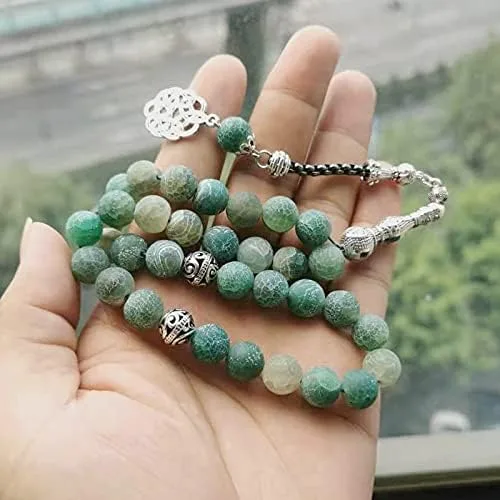 Vista 3 de Tasbih Natural ágata verde piedra azul metal borla 33 45 66 99 cuentas de oración moda islámica piedra musulmán rosario, Metal Piedra, Ágata