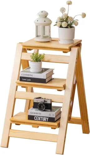 Vista 12 de Latifolia Escalera plegable de 3 escalones, taburete de bambú con protector de suelo, estante decorativo para sala de estar, cocina, jardín