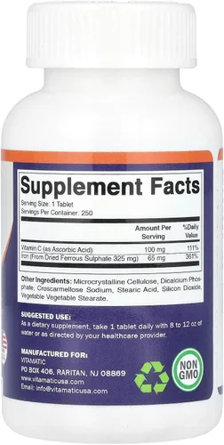 Vista 2 de Sulfato ferroso vitamínico de 325 mg con vitamina C 100 mg (65 mg de hierro elemental) comprimidos recubiertos – Suplemento de hierro de alta