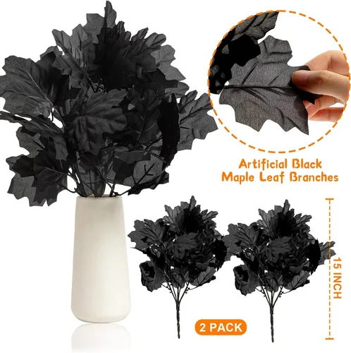 Vista 2 de Ramas de Halloween, paquete de 2 ramas de flores artificiales negras, tallo de flor de hoja de arce falsa, ramas de ramo de flores artificiales