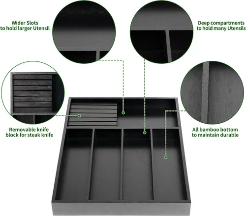 Vista 4 de VaeFae Organizador de cubiertos de bambú, soporte para utensilios para cajón, bandeja de cubiertos de madera con separador para cajón de cocina