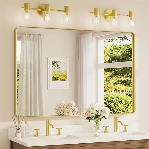 Vista 71 de Espejo de marco dorado cepillado de 16 x 24 pulgadas, espejo de tocador de baño de latón dorado para pared, espejo enmarcado rectangular de esquina
