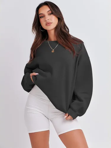 Vista 6 de ANRABESS - Sudaderas de vellón de mujer, cuello redondo, de gran tamaño, bonitas, para otoño e invierno, para estudiantes de preparatoria, jóvenes
