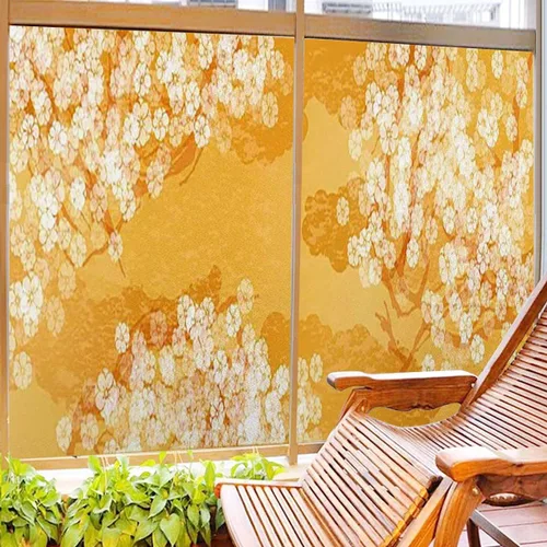 Vista 5 de Película adhesiva de vidrio esmerilado para ventana, color crema de caléndula, para privacidad, exótica, japonés, flor de cerezo japonés, película