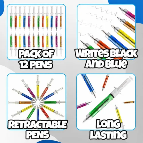 Vista 2 de Bedwina Bolígrafos de jeringa (paquete a granel de 12) bolígrafos retráctiles divertidos multicolor novedosos para enfermeras, suministros escolares