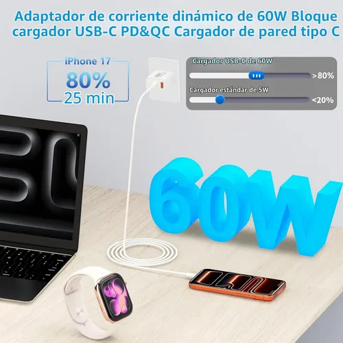Vista 9 de Cargador para iPhone 17 de carga rápida, 60W GaN PD y QC Cargador de pared Bloque y cable Cargador de puerto Doul con cable USB C a tipo C de 6