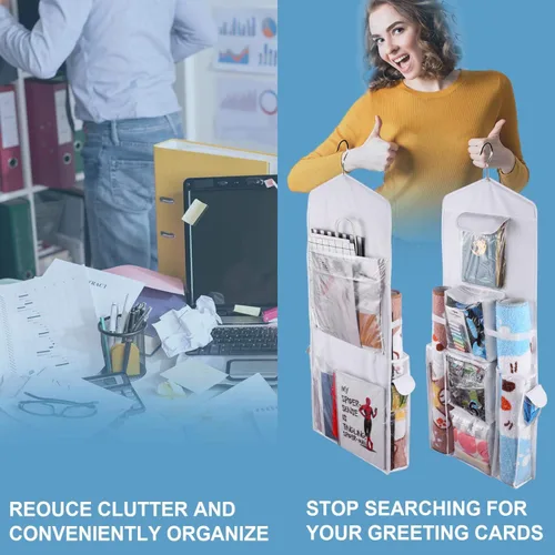 Vista 6 de Organizador de bolsas de papel de regalo colgante, doble cara para colgar puerta y armario, cinta de almacenamiento versátil, lazos para juguetes