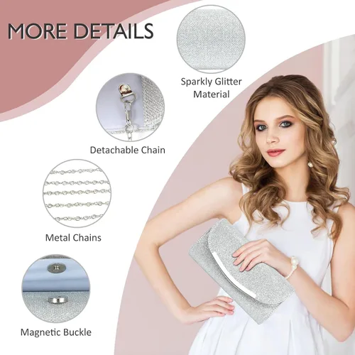 Vista 4 de Ubysoyi Bolso de mano con purpurina para mujer, bolso de noche, bolso de mano, de metal brillante, sobre formal, boda, baile de graduación, bolso