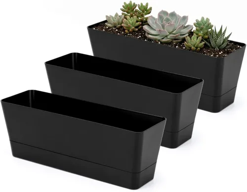 Vista 13 de GREANER Maceteros de hierbas de 12 x 3.8 pulgadas, 1 paquete de cajas rectangulares con bandeja, maceta de plástico para suculentas