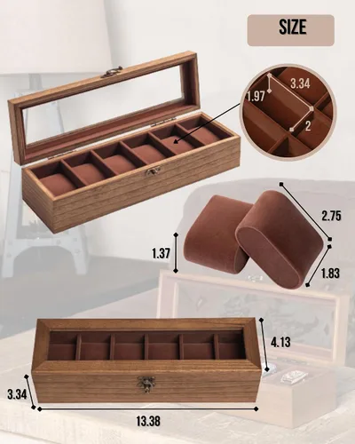Vista 6 de Caja de reloj para hombres y mujeres, tapa de cristal grande, caja de almacenamiento de madera con 6 ranuras, organizador retro Burlywood