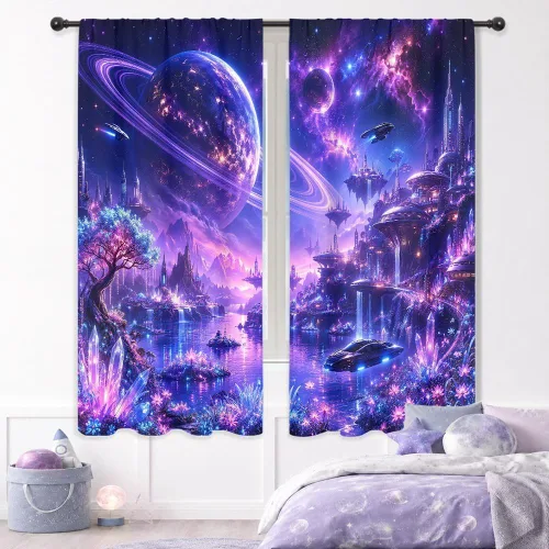 Vista 12 de Riyidecor Cortinas y Drapes Galaxia Espacio Nebulosa Cortinas de Cocina (2 Paneles 29.5 x 63 Pulgadas) Azul Bolsillo para Varilla Universo Planetas