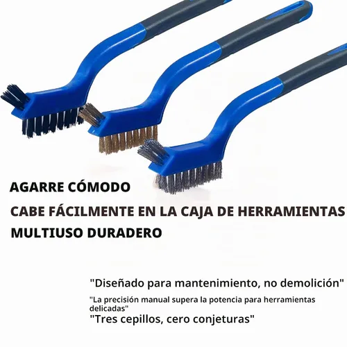 Vista 4 de Juego de 3 cepillos de alambre, cerdas de nailon/latón/acero inoxidable con mango curvado para limpieza con mango curvado para eliminación de óxido