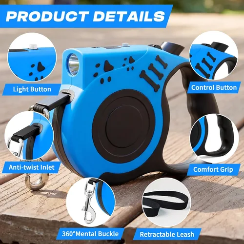 Vista 6 de Correa retráctil para perro con linterna recargable USB para paseos nocturnos, correa telescópica automática de tractor de 16 pies para perros Azul