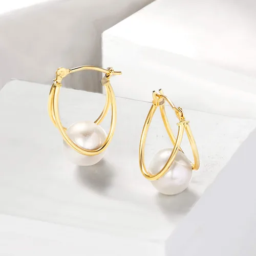 Vista 3 de Ross-Simons 8-9mm Cultured Pearl Double-Hoop Earrings in 14kt Yellow Gold. 34