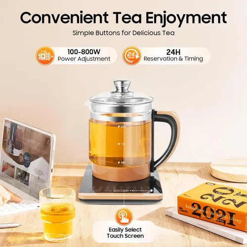 Vista 5 de Hervidor de té eléctrico con control de temperatura e infusor de té, 12 modos de preparación, hervidor de agua caliente de vidrio borosilicato