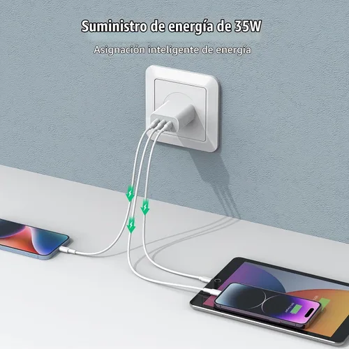 Vista 3 de Amoner - Bloque de cargador USB C, 35 W, 3 puertos USB C, cargador de pared