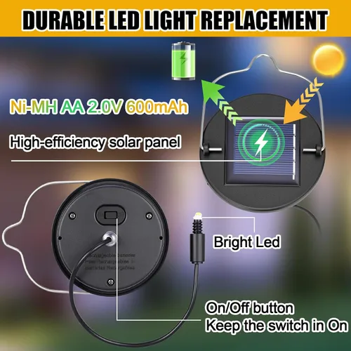 Vista 6 de Kingdder Paquete de 6 piezas de repuesto de luz solar, tapa de repuesto de linterna solar de 3 pulgadas con batería recargable de 600 mAh, piezas