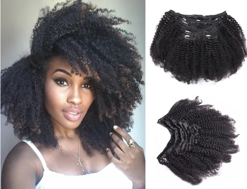 Vista 6 de Ms Fenda Extensiones de cabello rizado afro 4B 4C con clip, cabello virgen brasileño Remy, color natural, 4.23 onzas, 7 unidades por juego