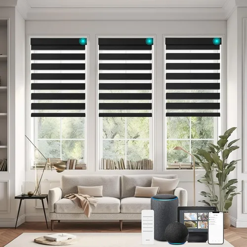Vista 23 de Changshade - Persianas enrollables sin cordones de cebra de tamaño personalizado para ventana, cortinas enrollables de doble capa con filtro de luz