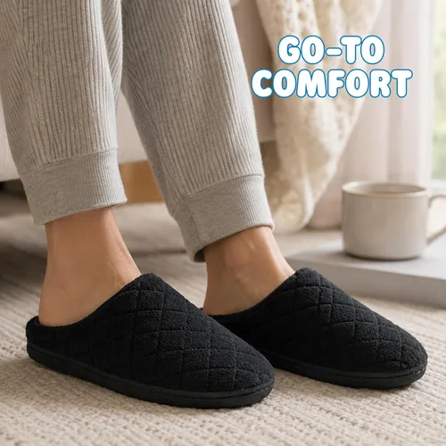Vista 2 de Dearfoams - Pantuflas de espuma viscoelástica para mujer Leslie Terry con anchos amplios para interiores Tela de rizo negro.