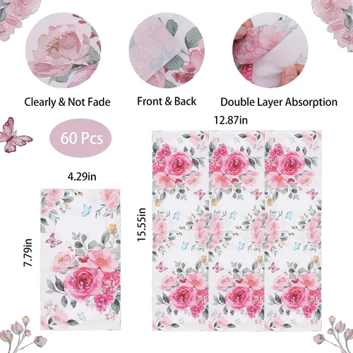 Vista 6 de Servilletas de papel florales para platos, 60 servilletas desechables largas para decoración de fiesta, boda, cumpleaños, baño (rosa)