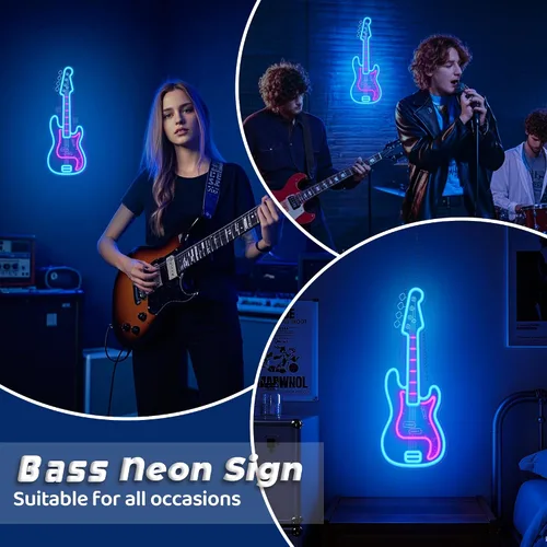 Vista 7 de CoolGift Mart Letrero de neón de guitarra bajo, luz LED regulable de guitarra bajo para decoración de habitación con alimentación USB, decoraciones