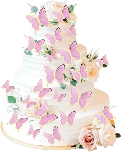 Vista 10 de 30 adornos de mariposa para tartas de mariposa en 3D, cola de oro rosa, mariposa, fiesta de cumpleaños, decoración para aniversario, boda, fiesta