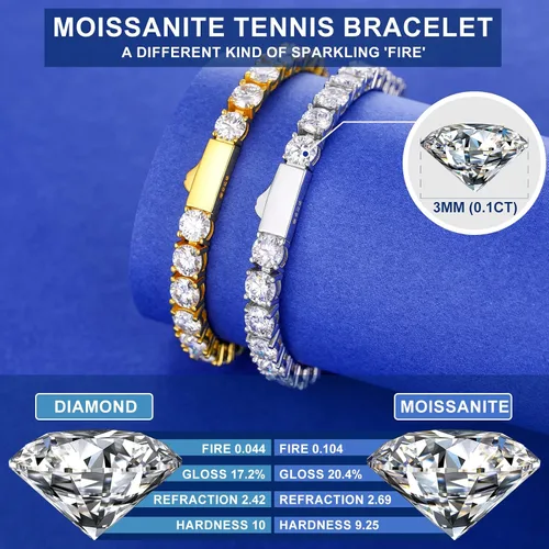 Vista 7 de Moissanite Tennis Bracelet, 2.25-21 Carat Lab Created Diamond Bracelets for Women Men, 18k WhiteYellow Gold Plated 925 Sterling Silver Bracelet