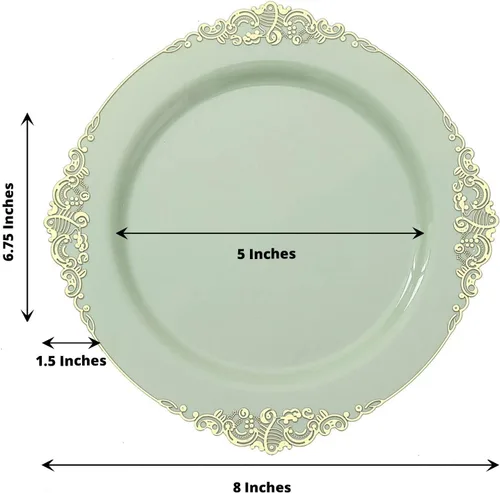 Vista 3 de Tableclothsfactory Paquete de 10 platos redondos de plástico barroco verde salvia/dorado de 8 pulgadas para ensalada de postre, vajilla desechable