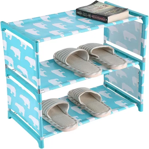 Vista 4 de Estantes apilables de 3 niveles, zapatero pequeño para niños, fácil de montar, organizador de zapatos para entrada, pasillo y armario (azul)