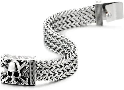 Vista 3 de COOLSTEELANDBEYOND Mens Large Stainless Steel Franco Link Curb Chain Bracelet with Pirate Skulls Clasp