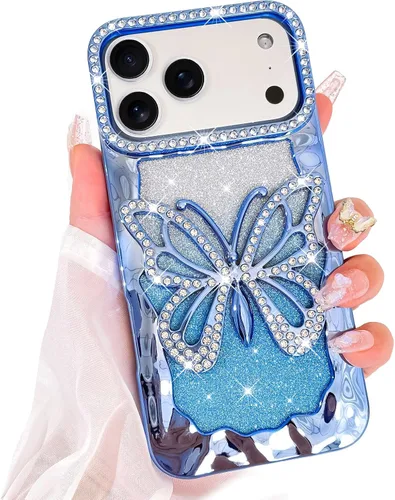 Vista 25 de Bonoma Funda con purpurina para iPhone 13 Pro Max, bonita funda 3D con patrón de chapado en degradado de mariposa de diamante, protección de cámara